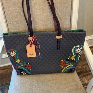 Embroidered Quilted Tote Bag - Gray with Multicolor Accents